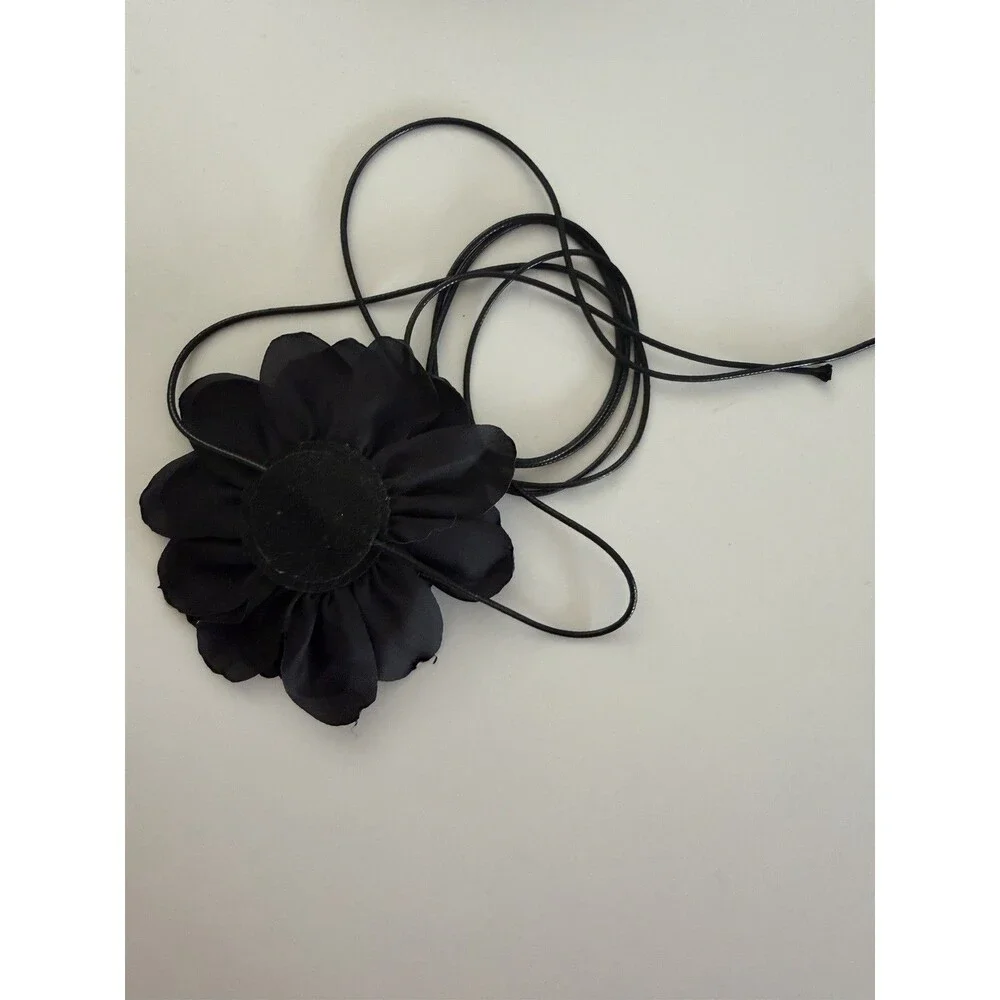 Black Fabric Flower Choker Necklace, Adjustable Cord Tie